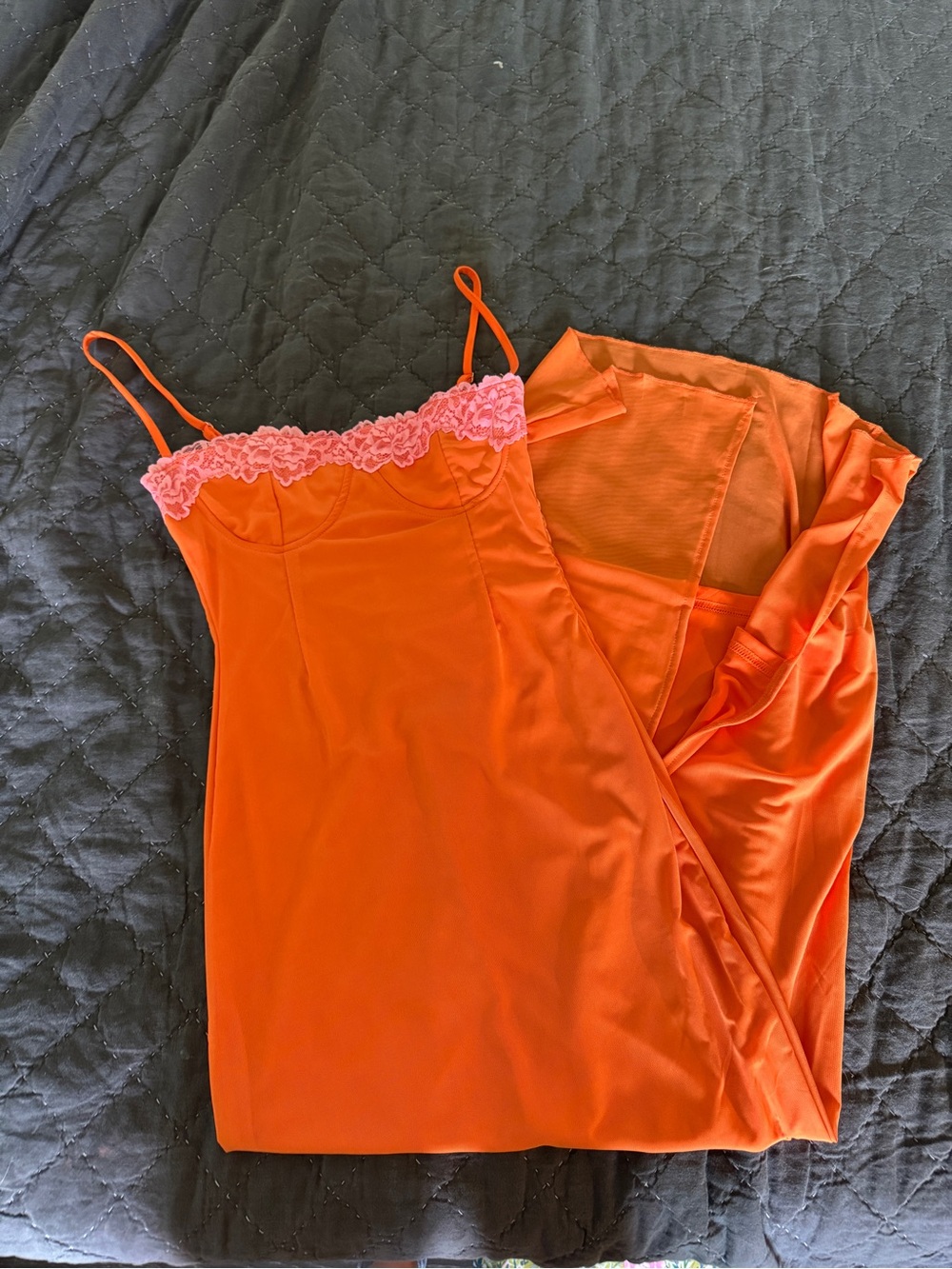 Women's Orange Slip Dress with Pink Lace Trim